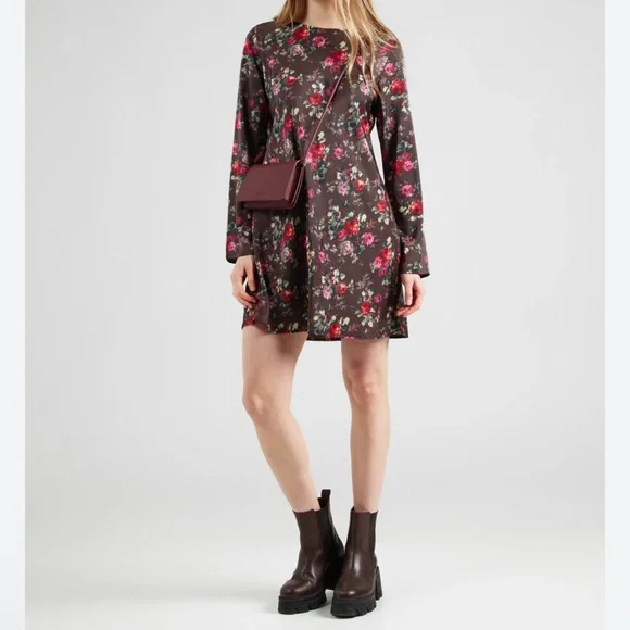 GAP Womens Satin Floral Long Sleeve Dress - Brown with Pink & Red Roses Size S - Picture 10 of 10